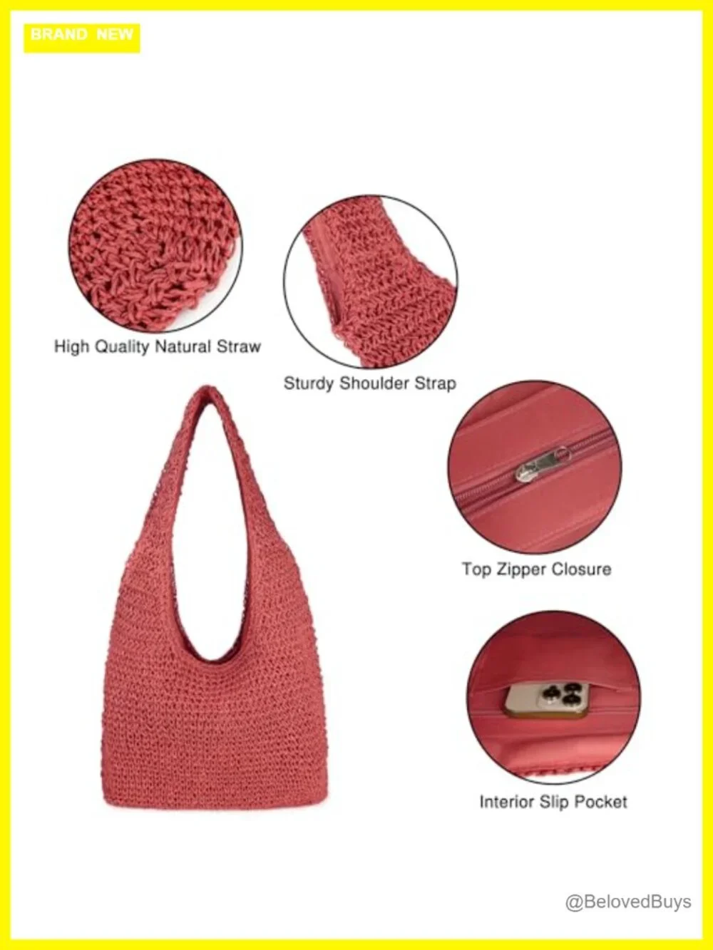 Straw Beach Bag Handwoven Woven Shoulder Hobo Tote Handbag Purse Summer